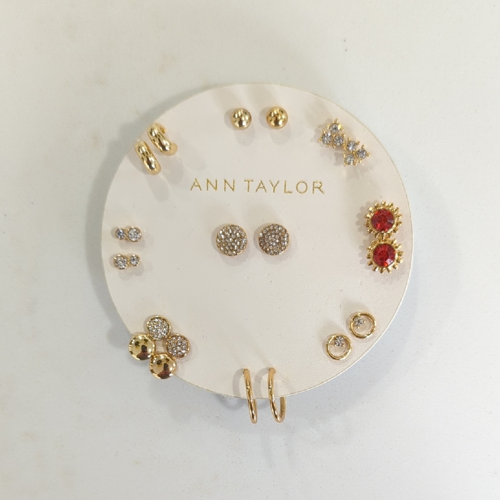Ann Taylor Gold and Crystal Earring Set of 9 Hoops, Studs, Clear and Red Crystal